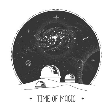 Gece gökyüzünde astroloji gözlemevi ve dış uzayı olan modern sihir kartı.