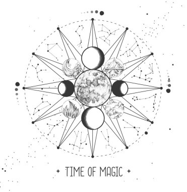 Uzay arka planında burç işaretleri olan modern büyücülük Astroloji Çarkı. Zodiac takımyıldızları. Yıldız falı vektör çizimi