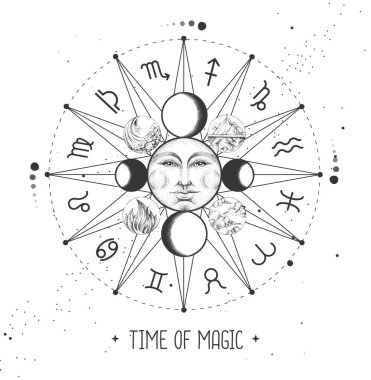 Uzay arka planında burç işaretleri olan modern büyücülük Astroloji Çarkı. Yıldız falı vektör çizimi