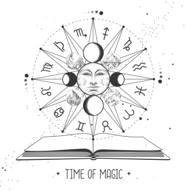 Zodyak işaretli ve sihirli kitabı açık olan modern büyü Astroloji Çarkı. Yıldız falı vektör çizimi
