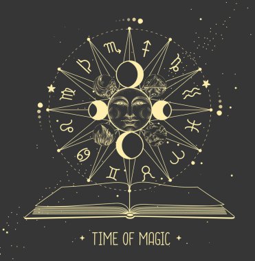 Zodyak işaretli ve sihirli kitabı açık olan modern büyü Astroloji Çarkı. Yıldız falı vektör çizimi