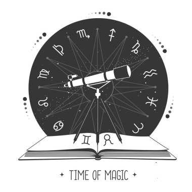 Modern büyü büyücülüğü, teleskopla açık bir kitap ve burçlu astroloji çarkı. Burç Vektörü illüstrasyonu
