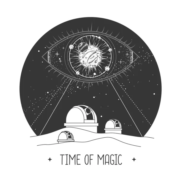 Astroloji gözlemevi ve uzayda gözü gören modern sihir kartı. Vektör illüstrasyonu