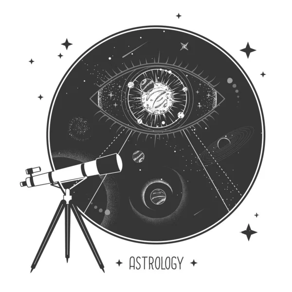 망원경이 마법의 카드와 외계에서 보이는 일러스트 — 스톡 벡터
