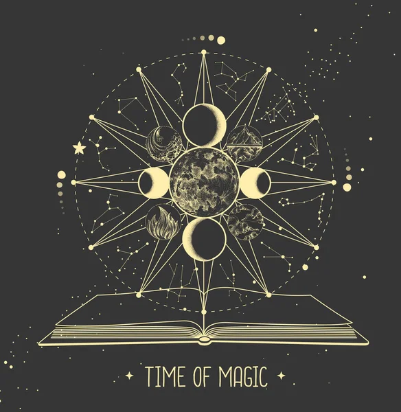 Zodyak işaretli ve sihirli kitabı açık olan modern büyü Astroloji Çarkı. Zodiac takımyıldızları. Yıldız falı vektör çizimi
