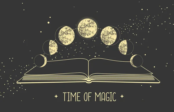 Сучасна Чарівна Картка Чаклунства Фазами Місяця Відкритою Магічною Книгою Символ — стоковий вектор