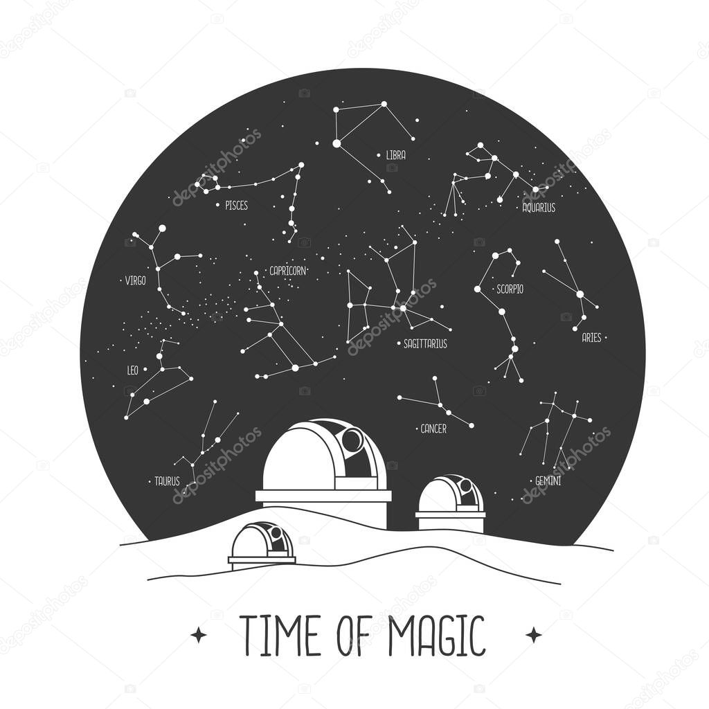 Modern magic witchcraft card with astrology observatory and zodiac constellations in the night sky. Vector illustration