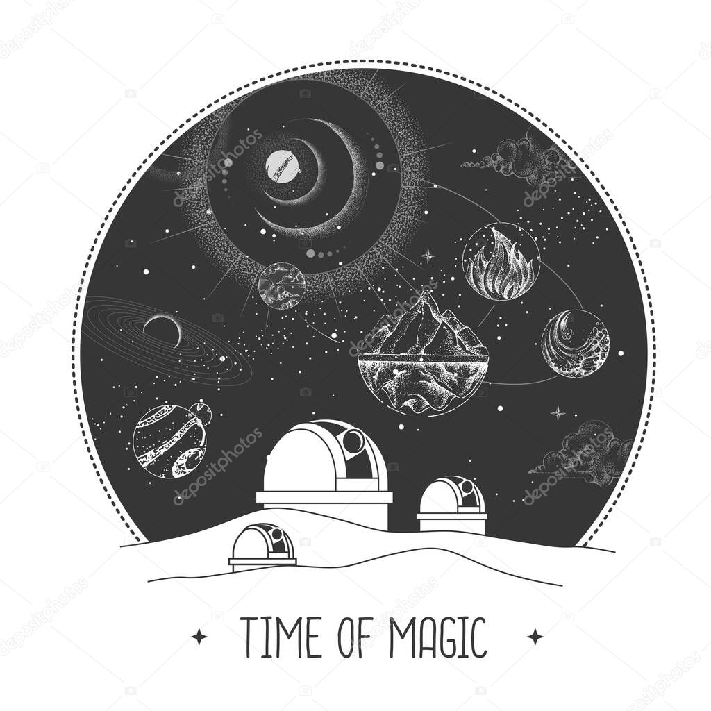 Modern magic witchcraft card with astrology observatory with outer space and four elements in the sky. Vector illustration