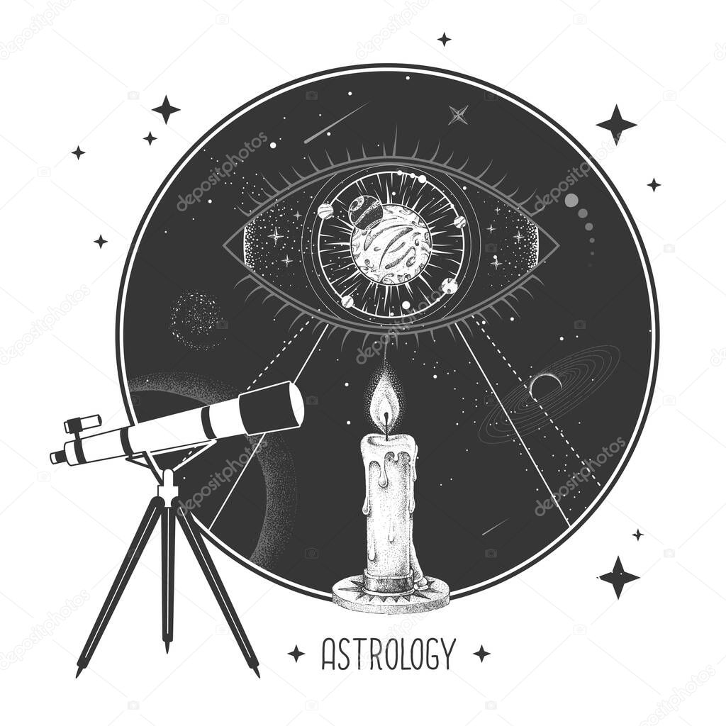 Modern magic witchcraft card with telescope and all seeing eye in outer space. Vector illustration
