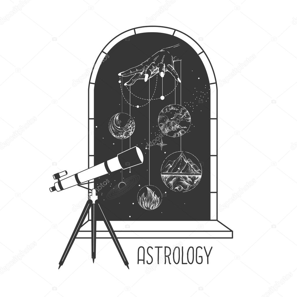 Magic witchcraft open window silhouette with full moon and telescope on outer space background. Vector illustration