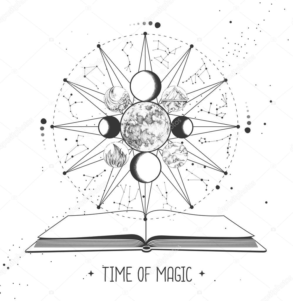 Modern magic witchcraft Astrology wheel with zodiac signs and open magic book. Zodiac constellations. Horoscope vector illustration