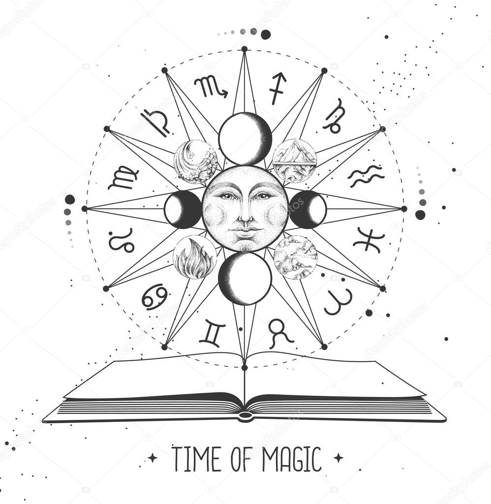 Modern magic witchcraft Astrology wheel with zodiac signs and open magic book. Horoscope vector illustration