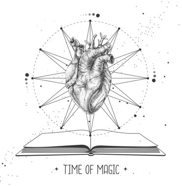 Modern cadılık sihirli kartı, açık bir kitap ve insan kalbi. Astroloji yıldız falına bayılır. Vektör illüstrasyonu