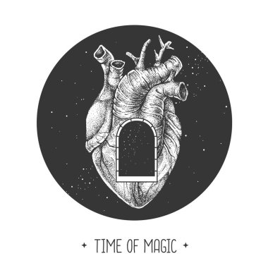 İçinde gerçekçi insan kalbi ve pencere silueti olan modern sihir kartı.