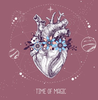 İnsan kalbi olan modern cadılık sihirli kartı. Astroloji yıldız falına bayılır. Vektör illüstrasyonu