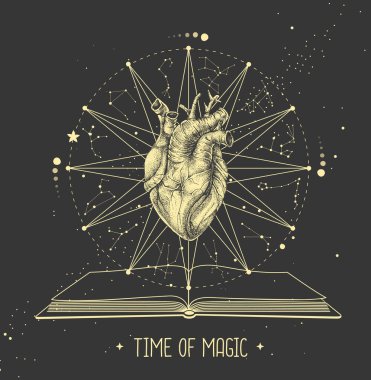 Modern cadılık sihirli kartı, açık bir kitap ve insan kalbi. Astroloji yıldız falına bayılır. Vektör illüstrasyonu