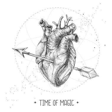 Uzay arka planında okla delinmiş gerçekçi insan kalbi olan modern büyü büyüsü kartı. Vetor illüstrasyonu