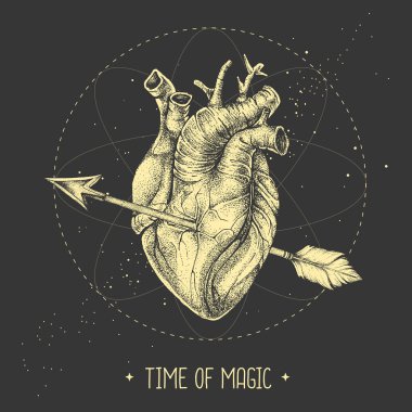 Uzay arka planında okla delinmiş gerçekçi insan kalbi olan modern büyü büyüsü kartı. Vetor illüstrasyonu