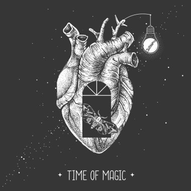 İçinde gerçekçi insan kalbi ve pencere silueti olan modern büyü cadılığı kartı. Vektör illüstrasyonu