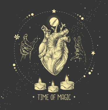 İnsan kalbi olan modern cadılık sihirli kartı. Astroloji yıldız falına bayılır. Vektör illüstrasyonu