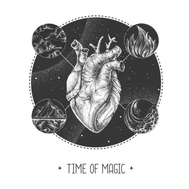 Astroloji arka planında dört element ve insan kalbi olan modern sihir taros kartı. Vektör illüstrasyonu