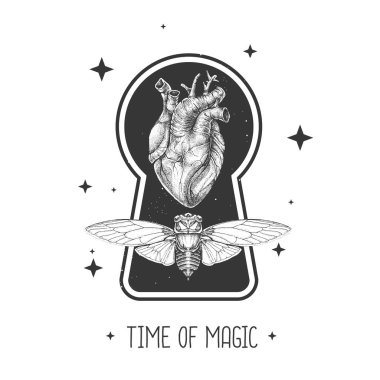 Büyücülük anahtar deliği silueti. Kelebek ve insan kalbi dış uzay arka planında. Vektör illüstrasyonu