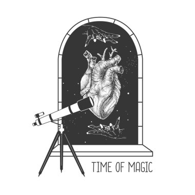 Büyücülük, dış uzay arka planında insan kalbi ve teleskopu olan açık pencere silueti. Vektör illüstrasyonu