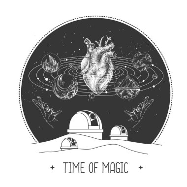Güneş sistemli astroloji gözlemevi, dört element ve insan kalbi olan modern sihir kartı. Su, toprak, ateş ve havanın el yapımı okült çizimi