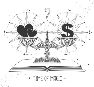 İnsan kalbi ve terazide para olan modern cadılık sihirli kartı. Vektör illüstrasyonu