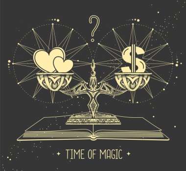 İnsan kalbi ve terazide para olan modern cadılık sihirli kartı. Vektör illüstrasyonu