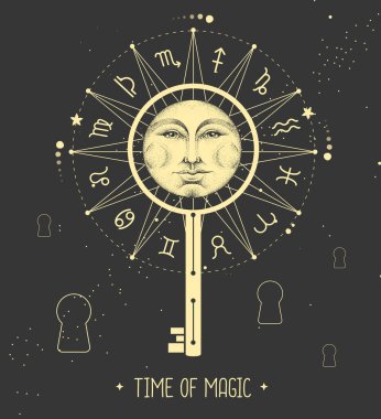 Uzay arka planında burç işaretleri olan modern büyücülük Astroloji Çarkı. Sihirli anahtar silueti. Yıldız falı vektör çizimi