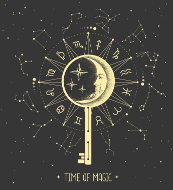 Uzay arka planında burç işaretleri olan modern büyücülük Astroloji Çarkı. Sihirli anahtar silueti. Yıldız falı vektör çizimi