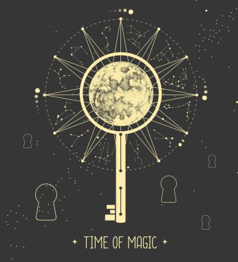 Uzay arka planında burç işaretleri olan modern büyücülük Astroloji Çarkı. Sihirli anahtar silueti. Yıldız falı vektör çizimi