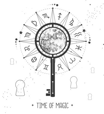 Uzay arka planında burç işaretleri olan modern büyücülük Astroloji Çarkı. Sihirli anahtar silueti. Yıldız falı vektör çizimi