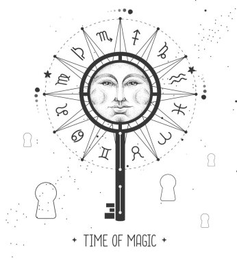 Uzay arka planında burç işaretleri olan modern büyücülük Astroloji Çarkı. Sihirli anahtar silueti. Yıldız falı vektör çizimi