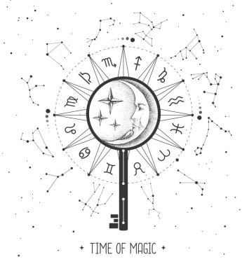 Uzay arka planında burç işaretleri olan modern büyücülük Astroloji Çarkı. Sihirli anahtar silueti. Yıldız falı vektör çizimi