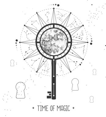 Uzay arka planında burç işaretleri olan modern büyücülük Astroloji Çarkı. Sihirli anahtar silueti. Yıldız falı vektör çizimi