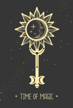 Uzay arka planında anahtar işareti olan modern büyü kartı. Vektör illüstrasyonu