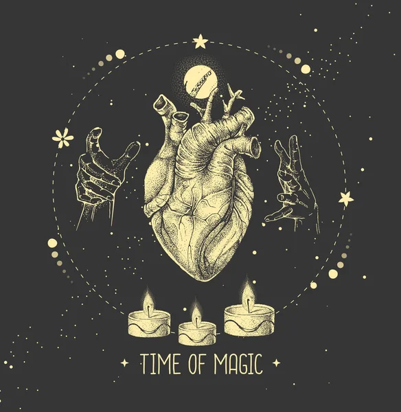İnsan kalbi olan modern cadılık sihirli kartı. Astroloji yıldız falına bayılır. Vektör illüstrasyonu
