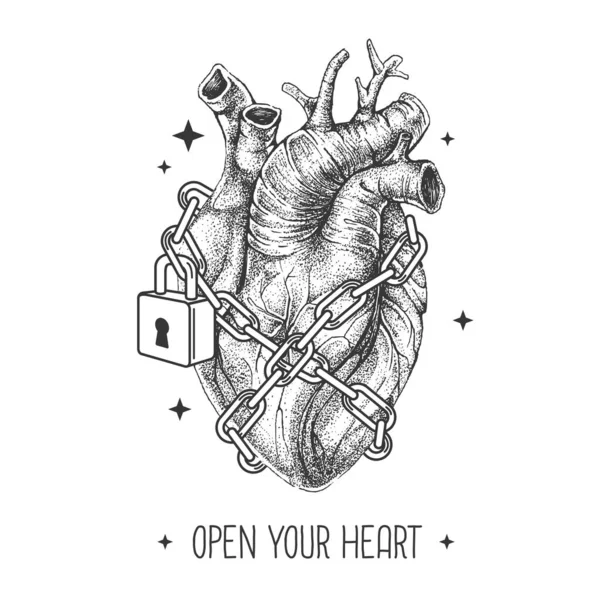 Σύγχρονη Μαγική Κάρτα Ρεαλιστική Ανθρώπινη Καρδιά Αλυσοδεμένη Λουκέτο Διαστημικό Φόντο — Διανυσματικό Αρχείο