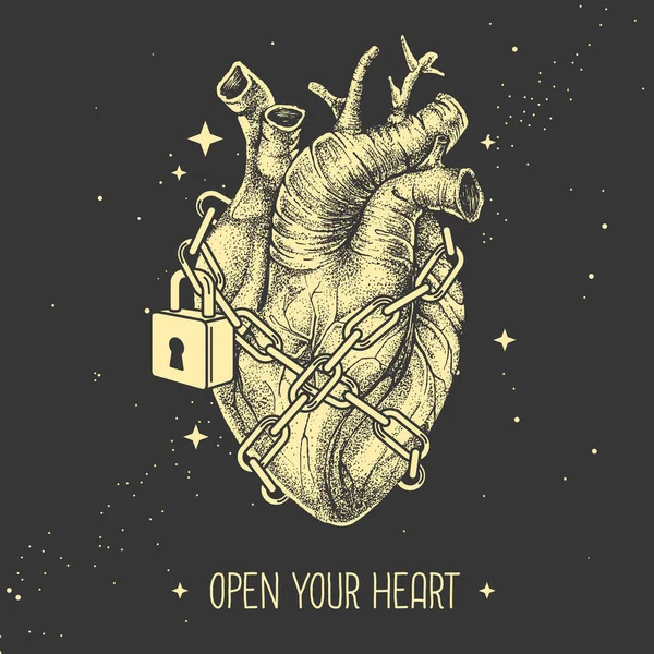 Σύγχρονη Μαγική Κάρτα Ρεαλιστική Ανθρώπινη Καρδιά Αλυσοδεμένη Λουκέτο Διαστημικό Φόντο — Διανυσματικό Αρχείο