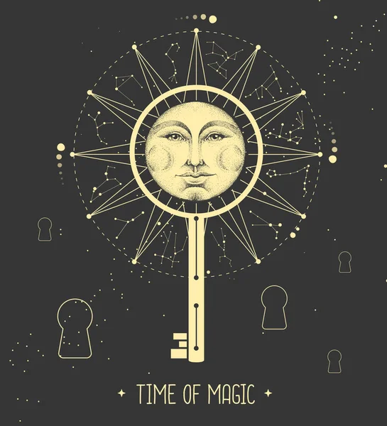 Uzay arka planında burç işaretleri olan modern büyücülük Astroloji Çarkı. Sihirli anahtar silueti. Yıldız falı vektör çizimi
