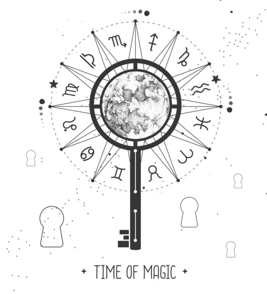 Uzay arka planında burç işaretleri olan modern büyücülük Astroloji Çarkı. Sihirli anahtar silueti. Yıldız falı vektör çizimi