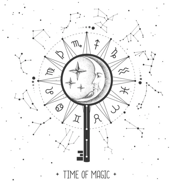 Uzay arka planında burç işaretleri olan modern büyücülük Astroloji Çarkı. Sihirli anahtar silueti. Yıldız falı vektör çizimi
