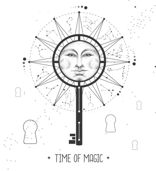 Uzay arka planında burç işaretleri olan modern büyücülük Astroloji Çarkı. Sihirli anahtar silueti. Yıldız falı vektör çizimi