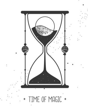 İçinde astroloji kum saati ve içinde ay olan modern büyü kartı. Gece gündüz..