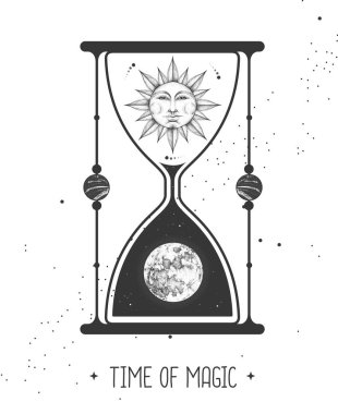 İçinde astroloji kum saati olan, içinde güneş ve ay olan modern büyü kartı. Gündüz ve gece. Gerçekçi el insan yüzüyle güneşi resmediyor.