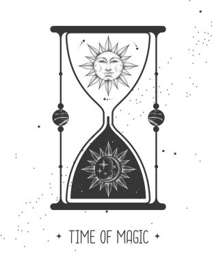İçinde astroloji kum saati olan, içinde güneş ve ay olan modern büyü kartı. Gündüz ve gece. Gerçekçi el insan yüzüyle güneş ve ayın çizimi