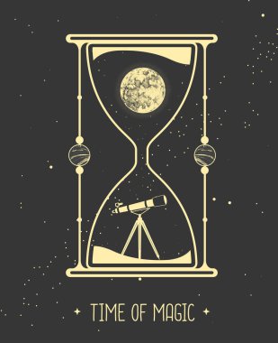 İçinde astroloji kum saati ve içinde ay ve teleskop olan modern büyü kartı..