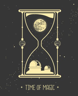 İçinde astroloji kum saati, içinde ay ve astrolojik gözlemevi olan modern büyü kartı..